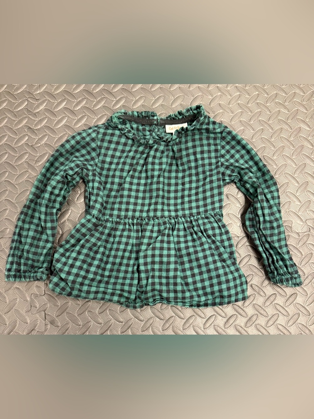 Cat & Jack Green and Black Gingham Peplum Long-Sleeve  Ruffle Top